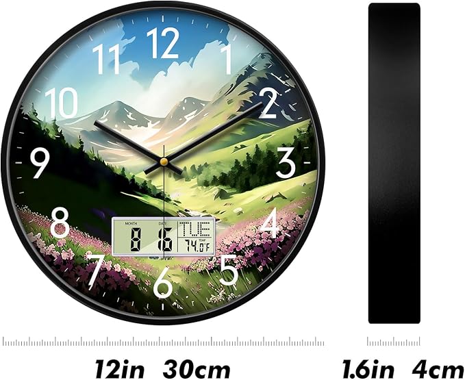 12'' Silent Non-Ticking Rustic Mountain Wildflowers Wall Clock, Battery - Image 6