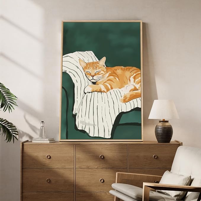Framed Animal Wall Art for Bedroom Wall, Large Cozy Orange Tabby Cat Canvas - Image 8