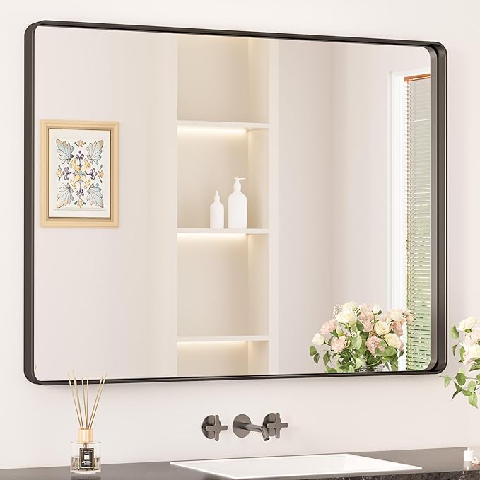 Keonjinn Black Bathroom Mirror for Over Sink, 40 x 30 Inch Rounded Rectangle by Keonjinn