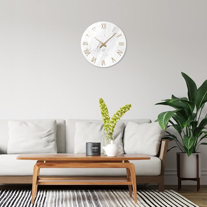 White Small Wall Clocks Battery Operated Marble Analog Clock - Image 2