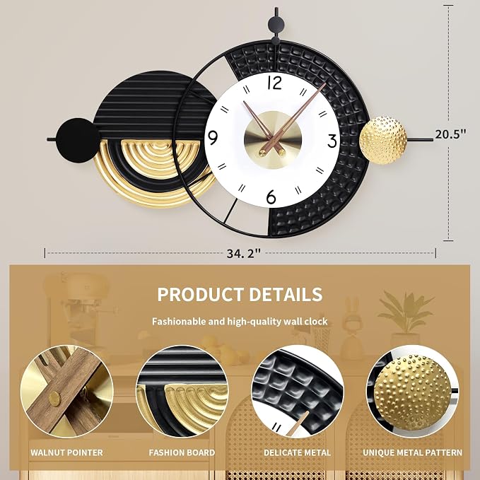 Large Modern Wall Clocks Big Wall Clock Nordic Style Metal Dial Battery - Image 2