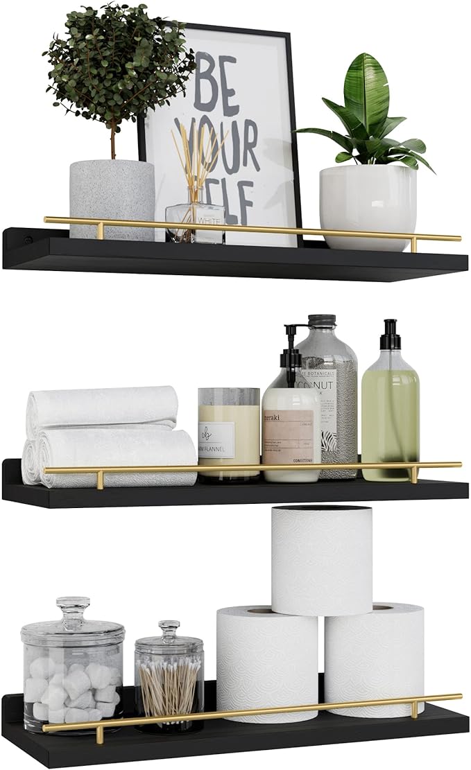 WOPITUES Floating Shelves with Gold Metal Guardrail, Shelves by WOPITUESOfficial