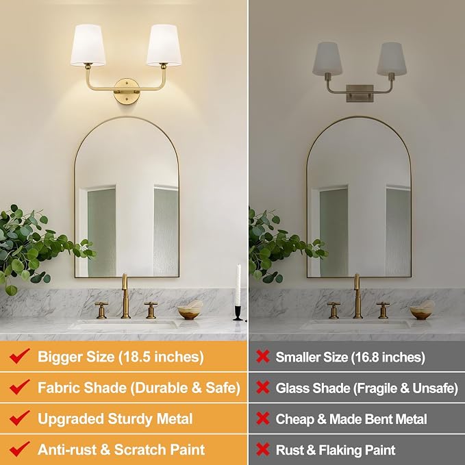 MOKATNG Bathroom Light Fixtures, 2-Light Brushed Gold Vanity Lights, Bathroom - Image 2