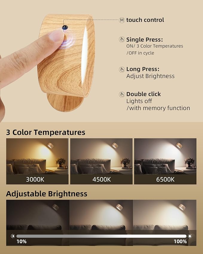 LED Wall Mounted Lights, Rechargeable Wall Sconces Lamp, 3 Color Temps & Remote - Image 3