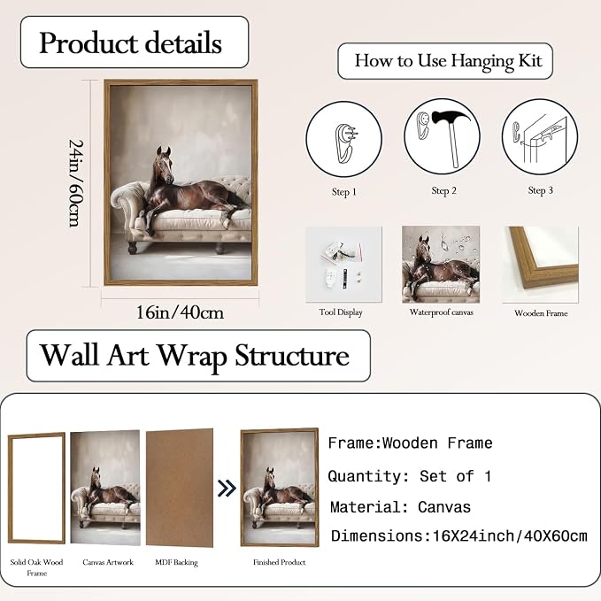 Framed Funny Horse Canvas Wall Art, Vintage Western Brown Horse On Sofa - Image 6