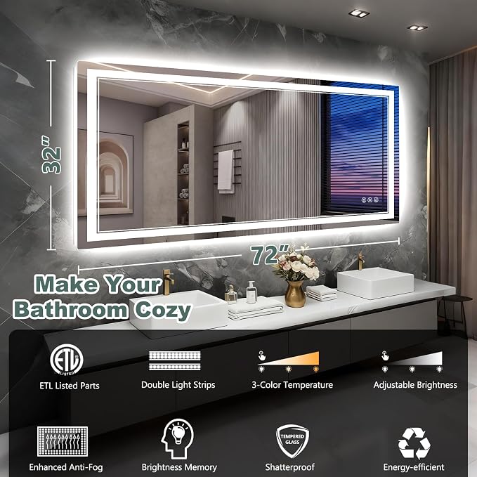 72x32 Inch LED Bathroom Mirror - Image 2