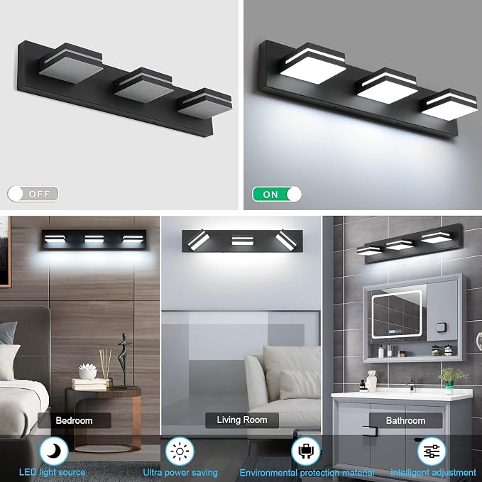 SineRise LED Modern Bathroom Vanity Light Fixtures, Dimmable Matte Black Modern - Image 4