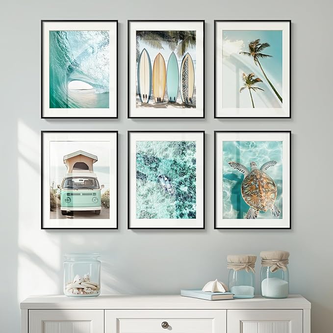 Framed Coastal Beach Wall Art for Living Room, Teal Green Summer Seascape - Image 2