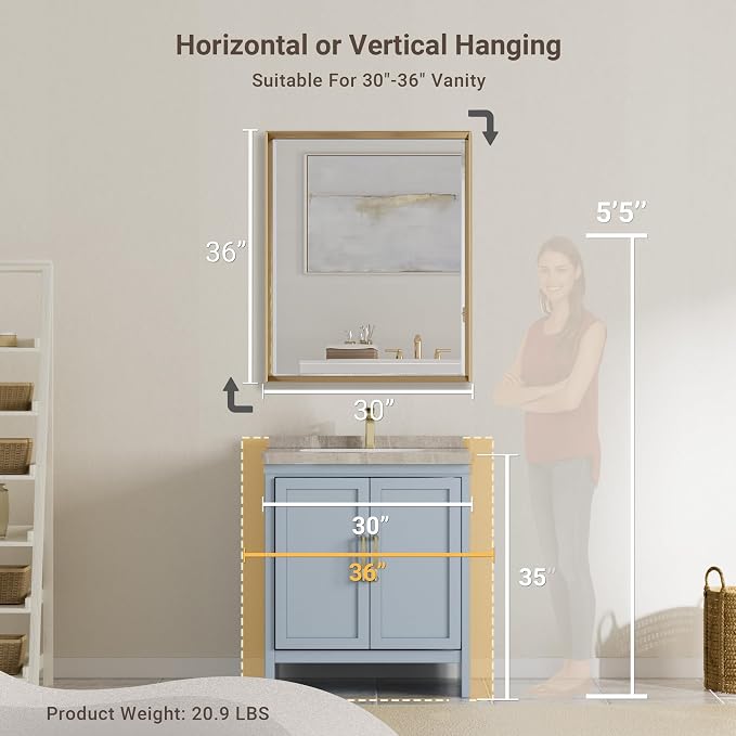 Gold Bathroom Mirror, 30x36 Brushed Gold Bathroom Mirror Beveled Edge, - Image 2