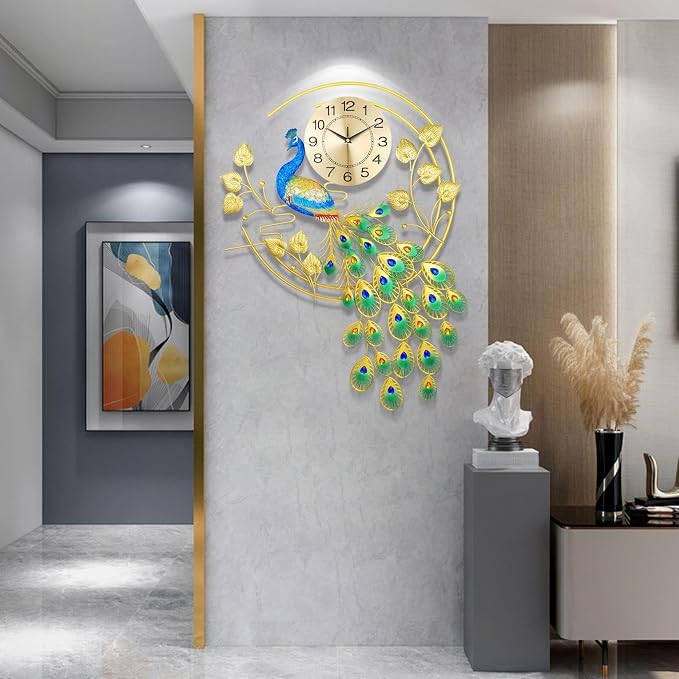 36.6 Inch Large Peacock Wall Clock Non-Ticking Silent, Creative Decorative - Image 2