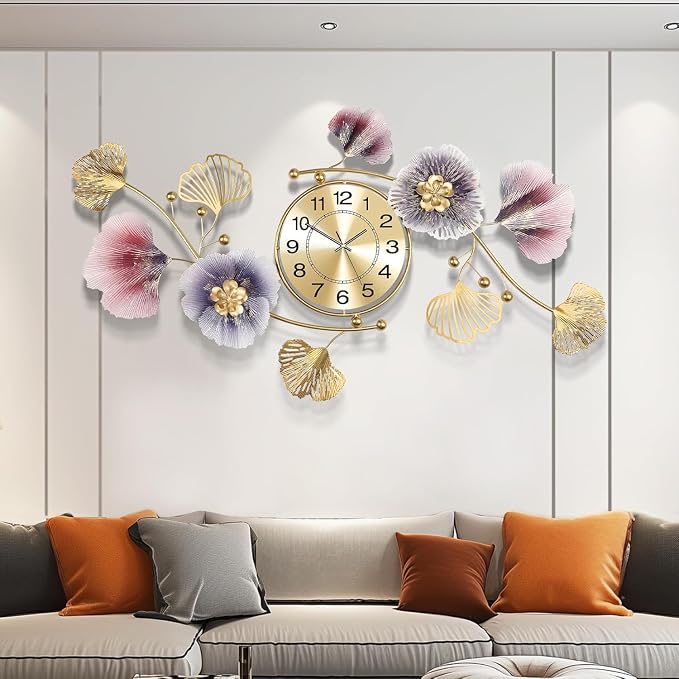 Wall Clocks for Living Room Decor, Large Wall Clock, 3D Creative Metal Ginkgo by Axioglo