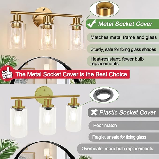 3-Light Gold Bathroom Light Fixtures, Modern Bathroom Vanity Light - Image 3