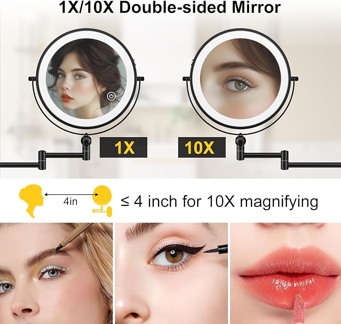 9" Wall Mounted Lighted Makeup Mirror, 4000mAh Rechargeable Double Sided 1X/10X - Image 3