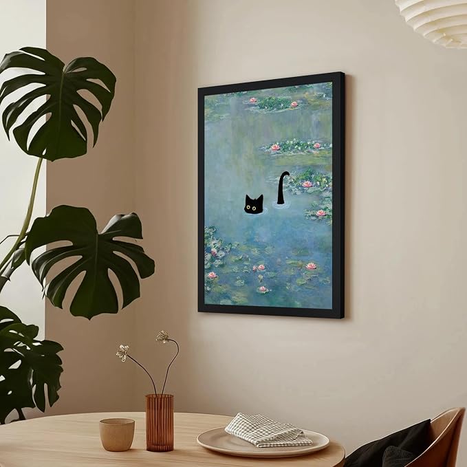 Fantasy Artists Monet Water Lilies Cat Wall Art, Framed Vintage Canvas Art Wall - Image 5