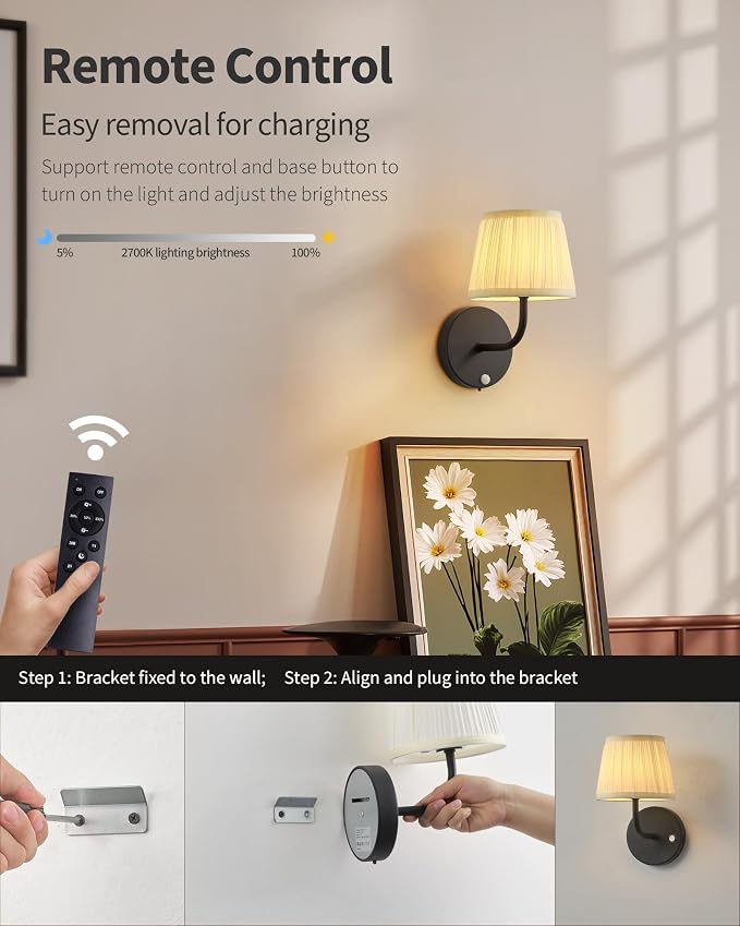 PUSU Motion Sensor Black H9.6 inch Small Wall Sconces Set of 2, LED Cordless - Image 4