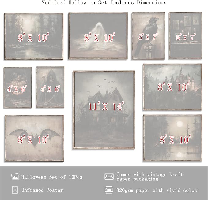 Vodefoad 10Pcs Halloween Wall Art Prints Dark and Moody Halloween Print Set - Image 2