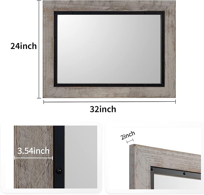 YOSHOOT Rustic Wooden Framed Wall Mirror, Natural Wood and Iron Bathroom Vanity - Image 6