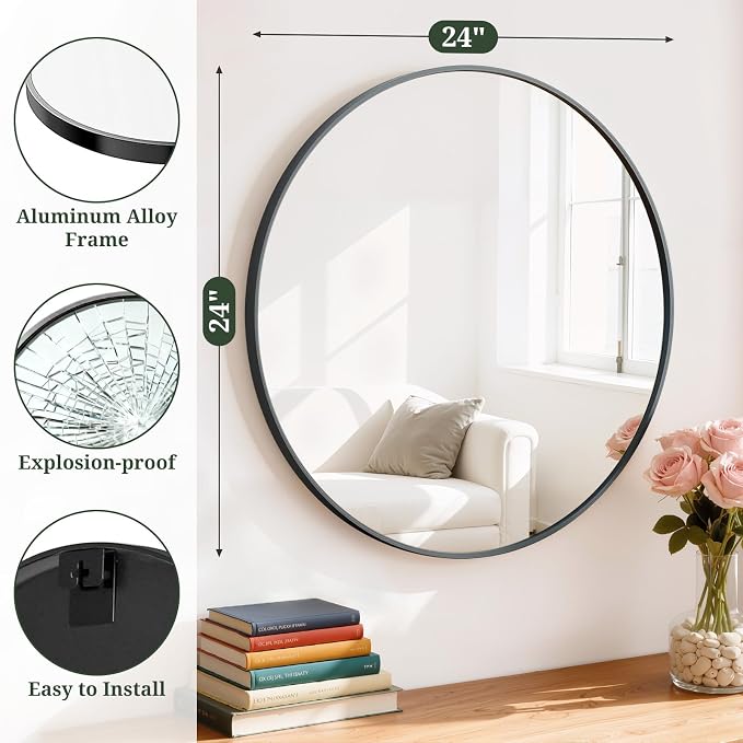 Round Wall Mirror 24 Inch Black Vanity Mirror - Image 2