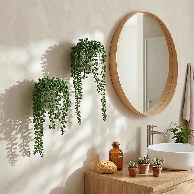 MyGift Artificial Faux String of Pearls Plants in White Ceramic Wall Hanging - Image 3
