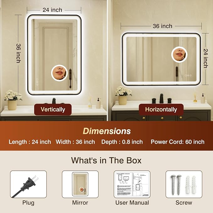 24x36 Inch Black Framed LED Bathroom Mirror - Image 3