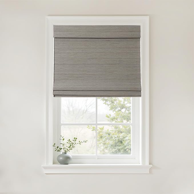 TWOPAGES Natural Woven No Drill Roman Shades, Custom Cordless Blackout Bamboo by TWOPAGES