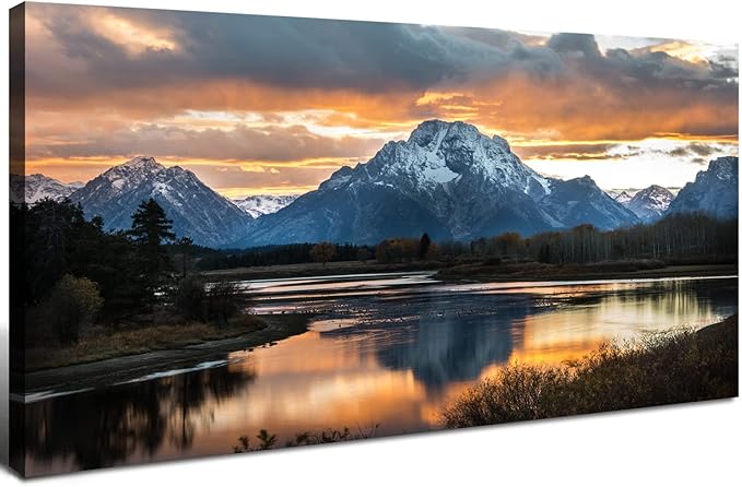 Grand Teton Mountain Wall Art National Park Posters Sunset Oxbow Bend Scenery by HOME