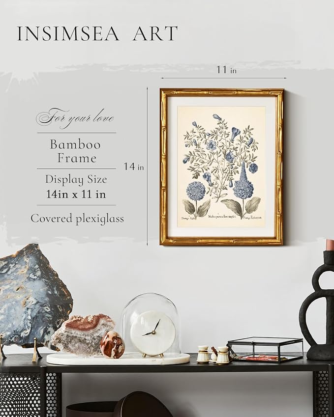InSimSea Gold Bamboo Framed Canvas Wall Art, Retro Blue Hydrangea Botanical - Image 3