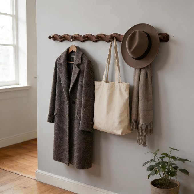 Wood Coat Rack Wall Mount -8 Pack Walnut Coat Hooks - Image 2