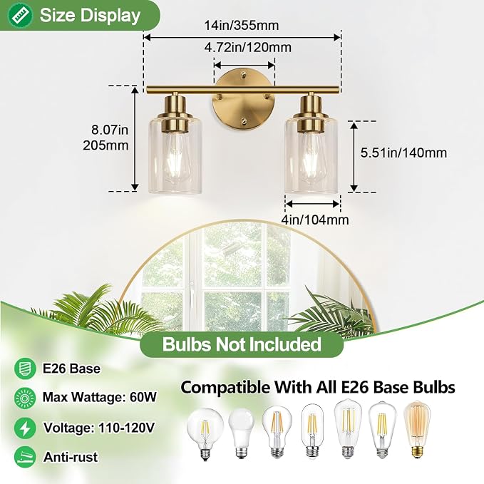 Zarbitta 2-Light Bathroom Light Fixtures, Brushed Gold Vanity Light, Modern - Image 8
