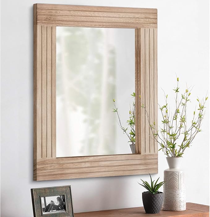 Rectangle Mirror Retro Wooden Wall-Mounted Mirrors Farmhouse Bedroom Bathroom by HLFMVWE