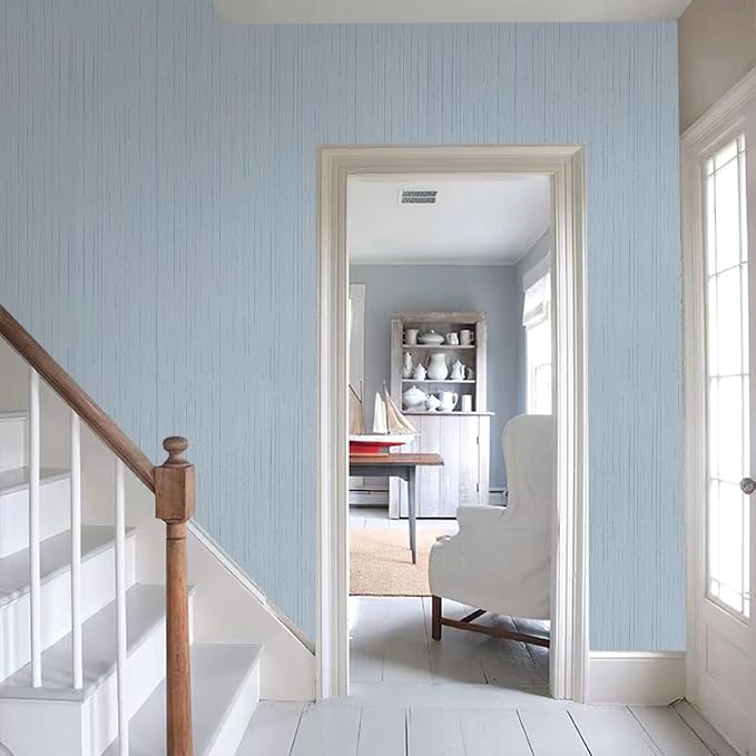 Light Blue Grasscloth Peel and Stick Wallpaper Vintage Texture Removable - Image 7