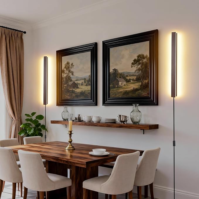 Farmhouse Plug in Wall Sconces, 23.6 inch Faux Walnut Finish LED Long Wall - Image 2