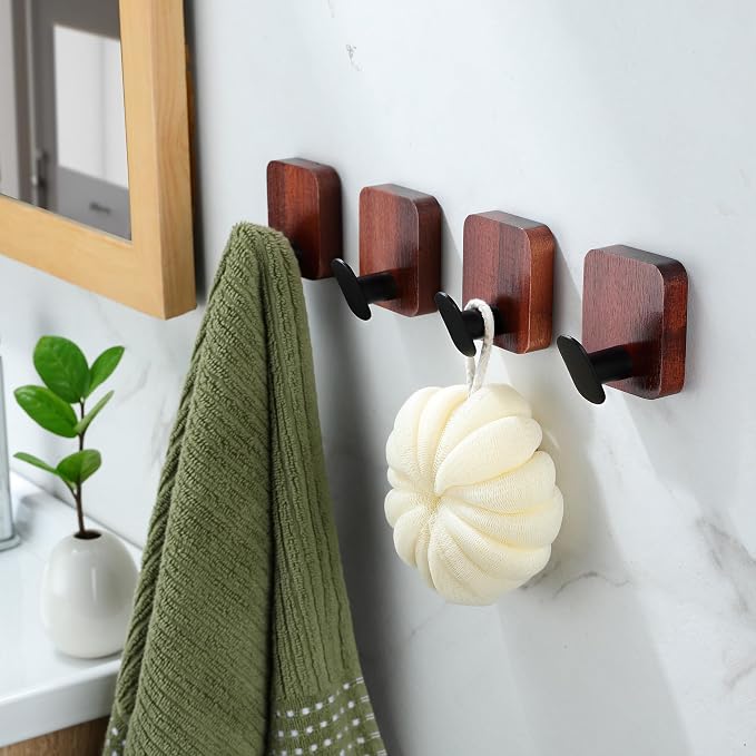 DELITON Acacia Wooden Towel Hooks Red Brown, 4 Pack Sticky Hooks - Image 2