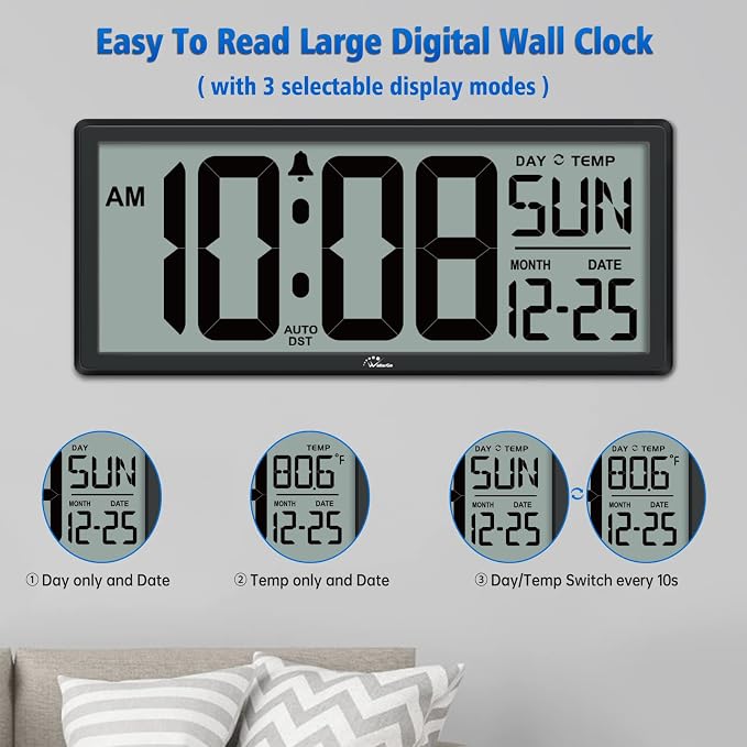 WallarGe 14.5'' Large Digital Wall Clock Battery Operated - Image 3