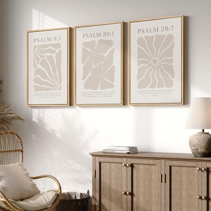 Framed Christian Wall Art Set of 3, Neutral Psalm Scripture Canvas Prints by Cuspin