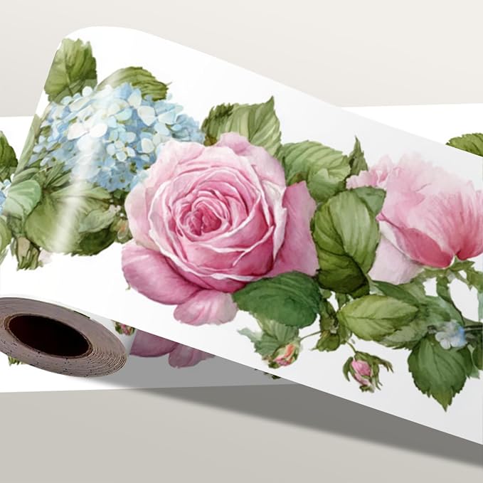 Floral Wallpaper Border 196x4 Inch Peel and Stick Wall Border Pink Blue Rose by IOHEFY