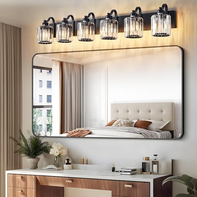 Black Crystal Bathroom Vanity Lights Fixtures 6 Light Over Mirror Modern Matte - Image 6