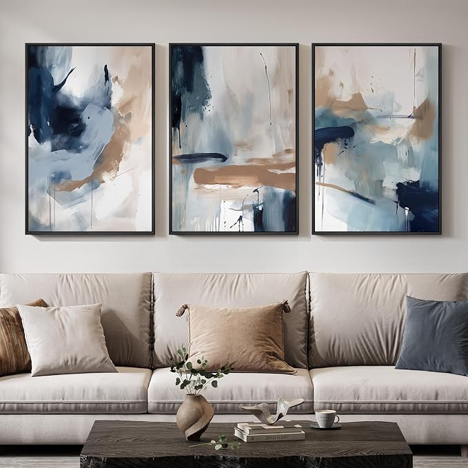 Large Framed Blue and Neutral Abstract Wall Art - Image 3