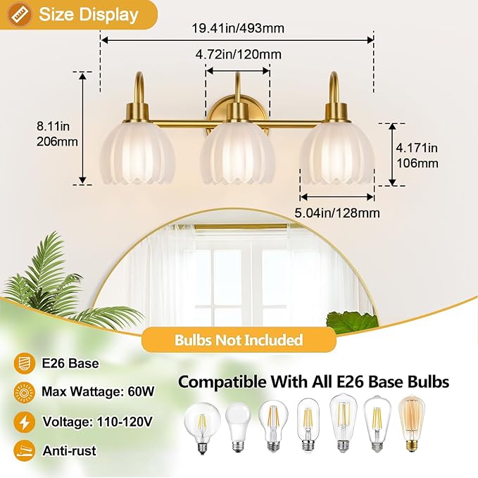 3-Light Bathroom Vanity Light, Vanity Lighting Fixtures Over Mirror - Image 8