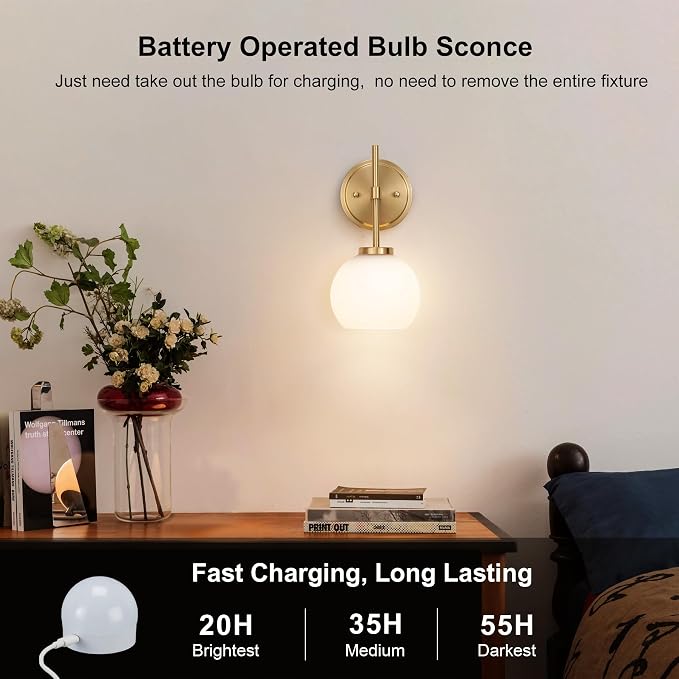 Gold Battery Operated Wall Sconce Set of 2, Wireless Rechargeable Sconces Wall - Image 2