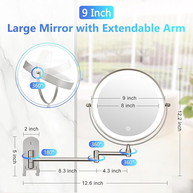 ALHAKIN 9" Wall Mounted Lighted Makeup Mirror, Rechargeable 1X/15X Magnifying - Image 7