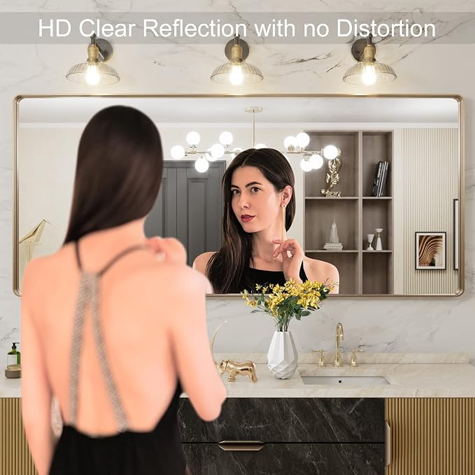LOAAO 72”X32” Gold Bathroom Mirror, Rounded Rectangle Gold Frame Mirror - Image 2