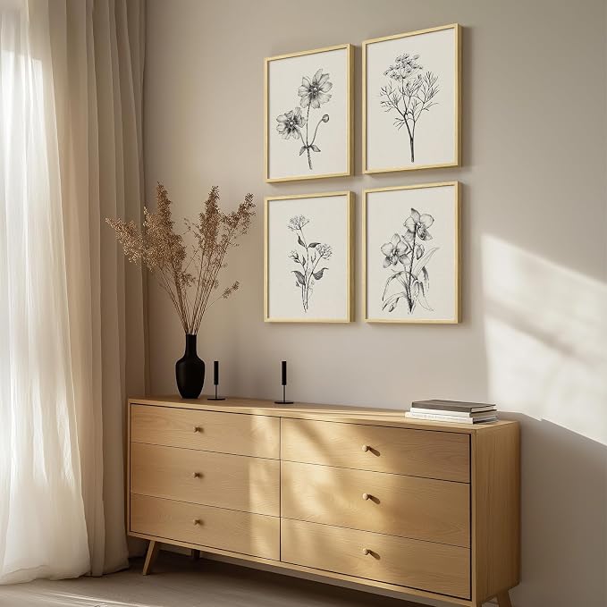 Framed Minimalist Black and White Floral Wall Art, 4 Piece Neutral Rustic - Image 3