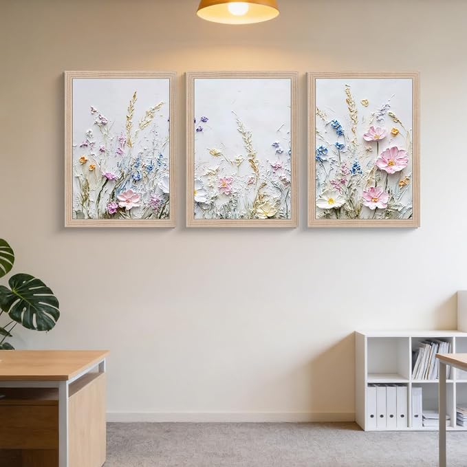 Framed 3D Texture Floral Canvas Wall Art Relief Textured Floral Oil Painting - Image 3