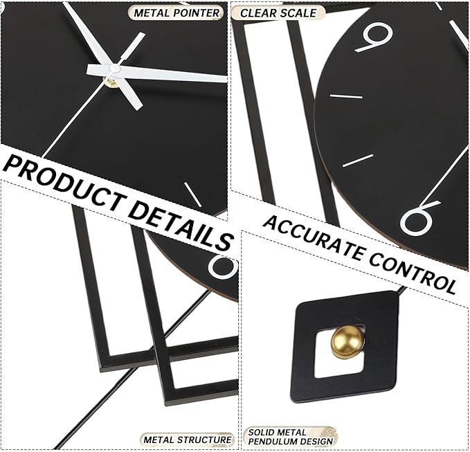 Wall Clock with Pendulum, Silent Quality Quartz Battery Operated, Modern Large - Image 2