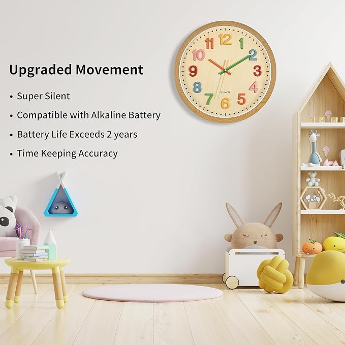 Foxtop Silent Kids Wall Clock Non-Ticking Battery Operated Colorful Childrens - Image 3
