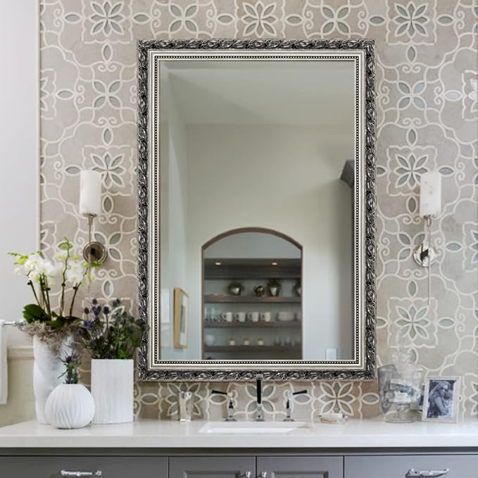 HA Bathroom Mirrors 40x24 Inch for Wall, Rectangle Silver Frame Wall Mounted - Image 7