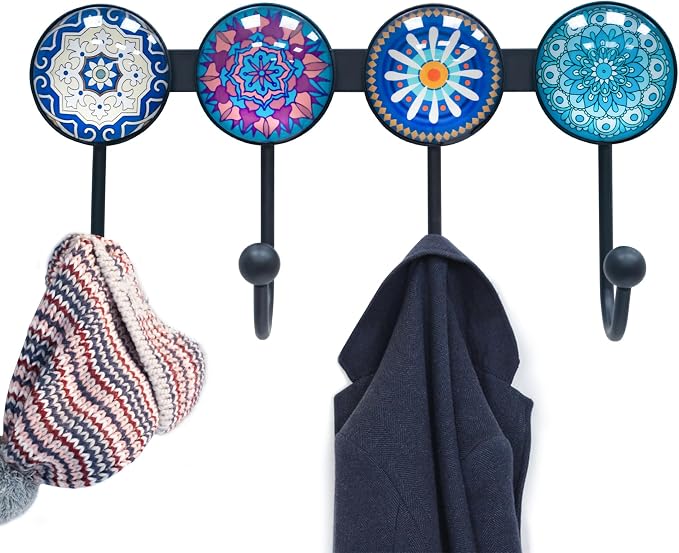 Coat Rack Wall Mounted with 4 Hooks, Round Blue Pattern Decorative Wall Hooks - Image 2
