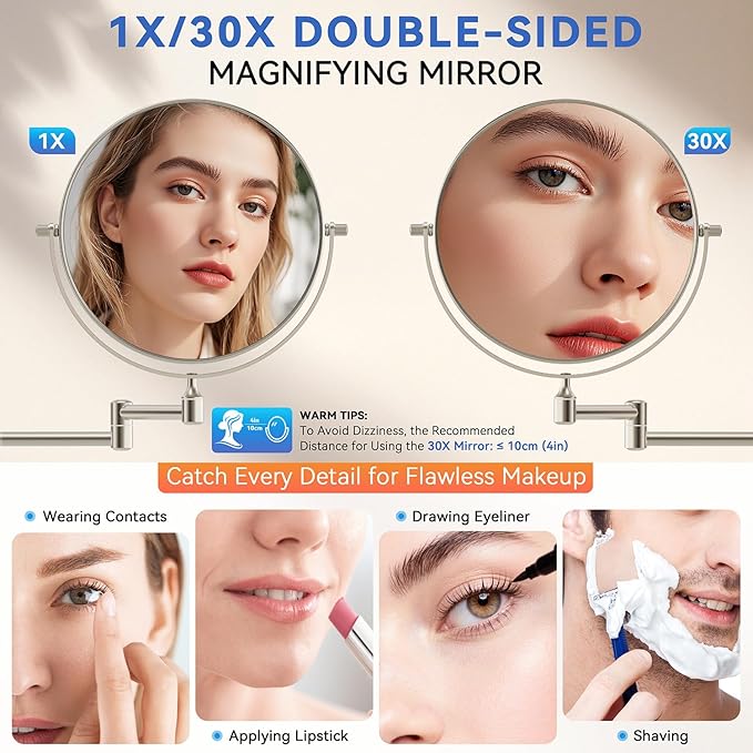 Auxmir 1X/30X Wall Mounted Makeup Mirror, Double-Sided Magnifying Mirror - Image 2
