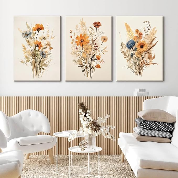 Botanical Floral Wall Art Set of 3 Vintage Wildflower Canvas Wall Decor - Image 4